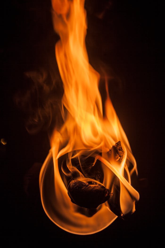 Dramatic close-up of vibrant fire flames and burning wood against a dark background.